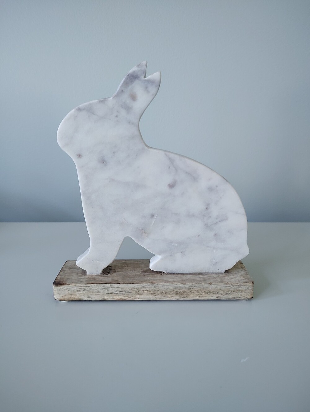 Marble Stone Carved Bunny Rabbit Figure Wood Base